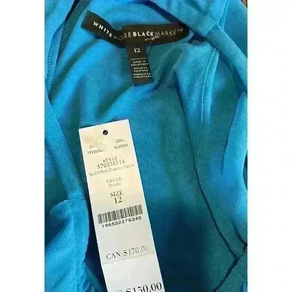 NWT White House Black Market Chiffon Overlay Halter Dress Size 12 Ocean Blue - Picture 9 of 11